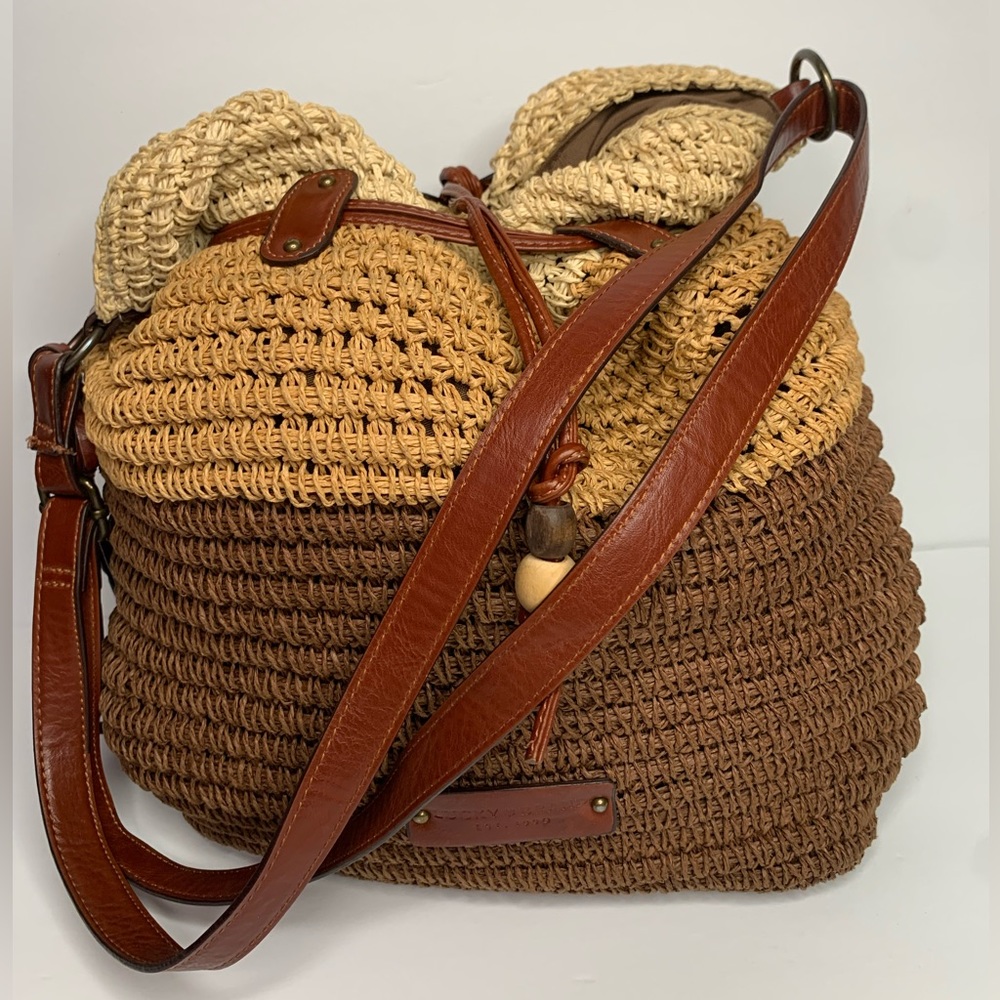 Lucky brand Boho straw rattan brown drawstring bucket bag charm-leather straps - Picture 2 of 16